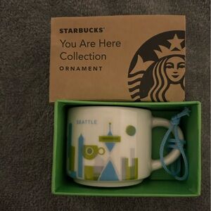 Starbucks White Ornament Mug with Blue & Green Seattle Design NIB